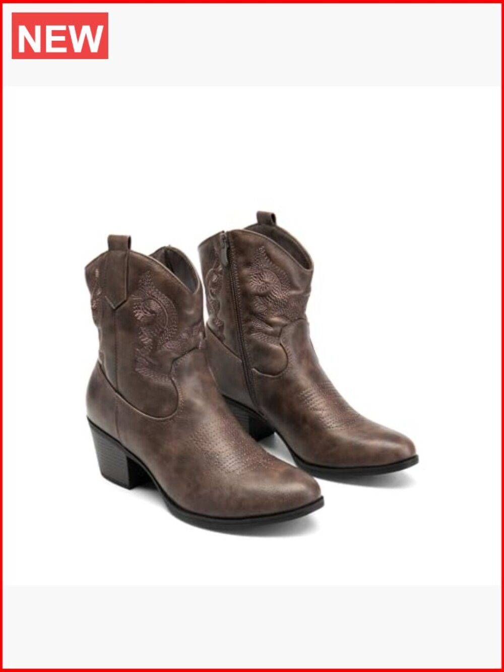 Faux Leather Embroidered Western Ankle Booties Low Chunky Heel - Picture 6 of 7